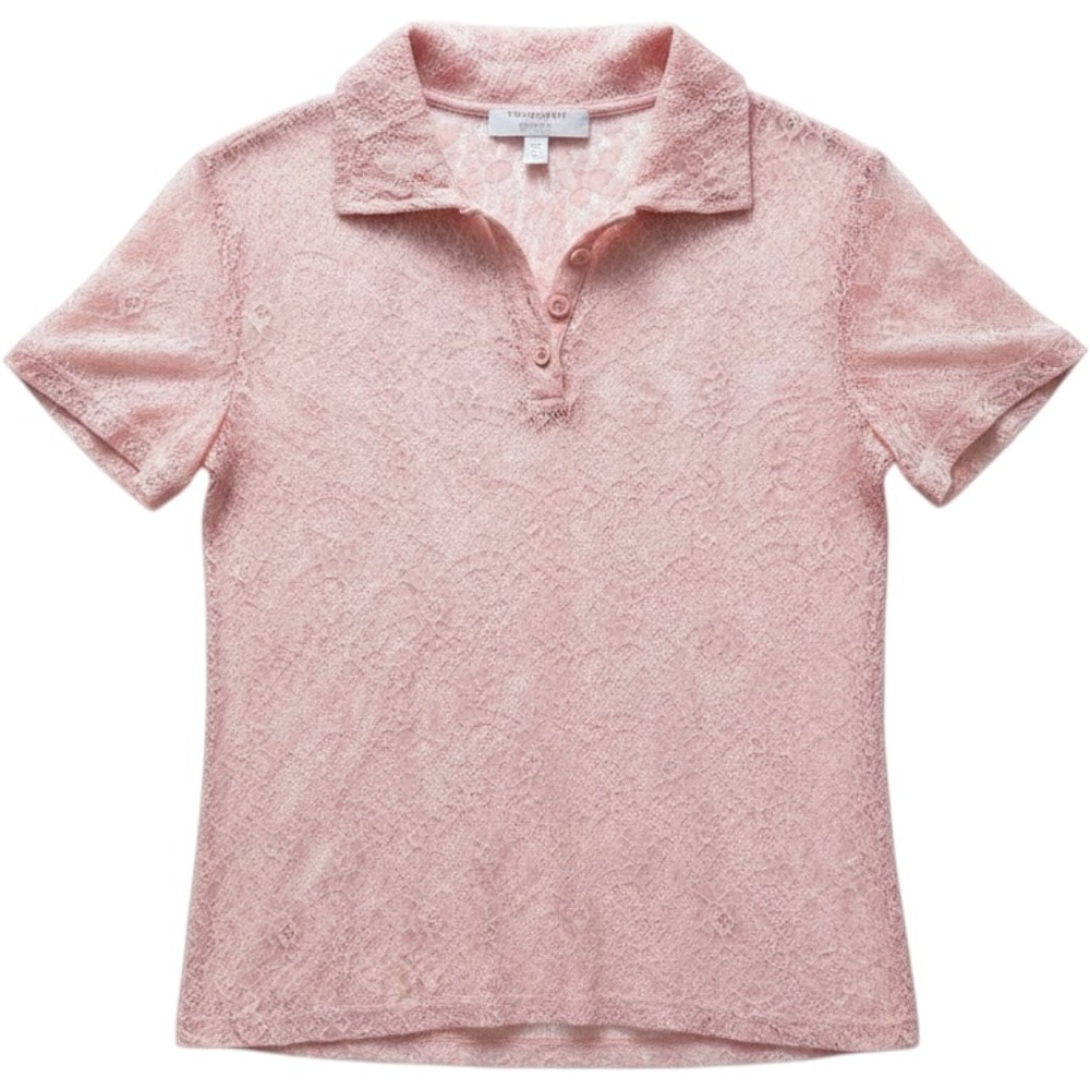 Audrey Parks Francescas Pink Lace Polo Shirt Short Sleeve Sheer Top Women Medium